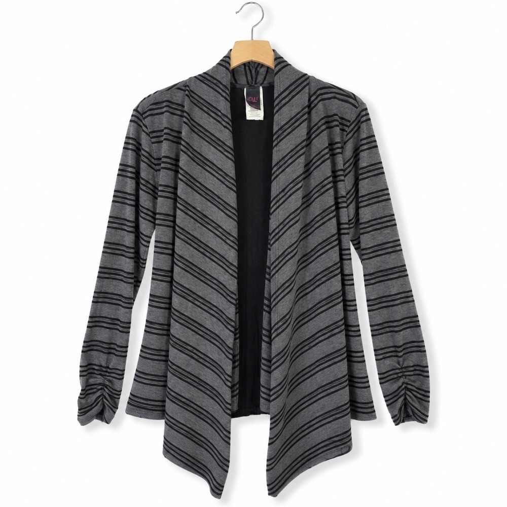 Wrapper Womens Large Cardigan Open Front Black Gray‎ Striped Ruched Crochet Back